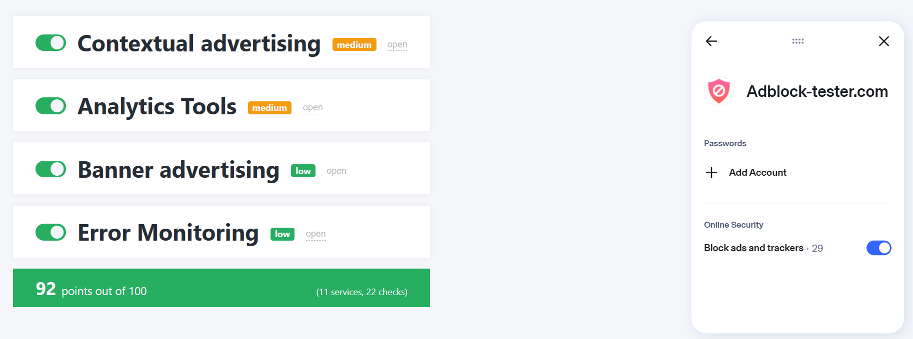 Aura Ad Blocker's AdBlock Tester score (92/100)