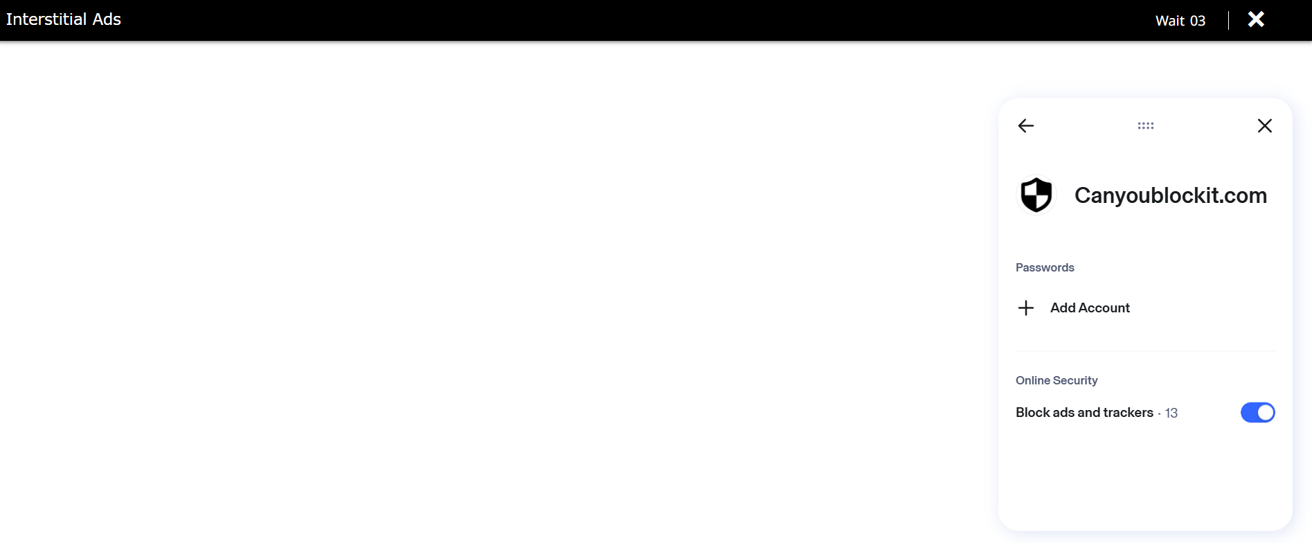 A blank interstitial ad with Aura Ad Blocker in the foreground