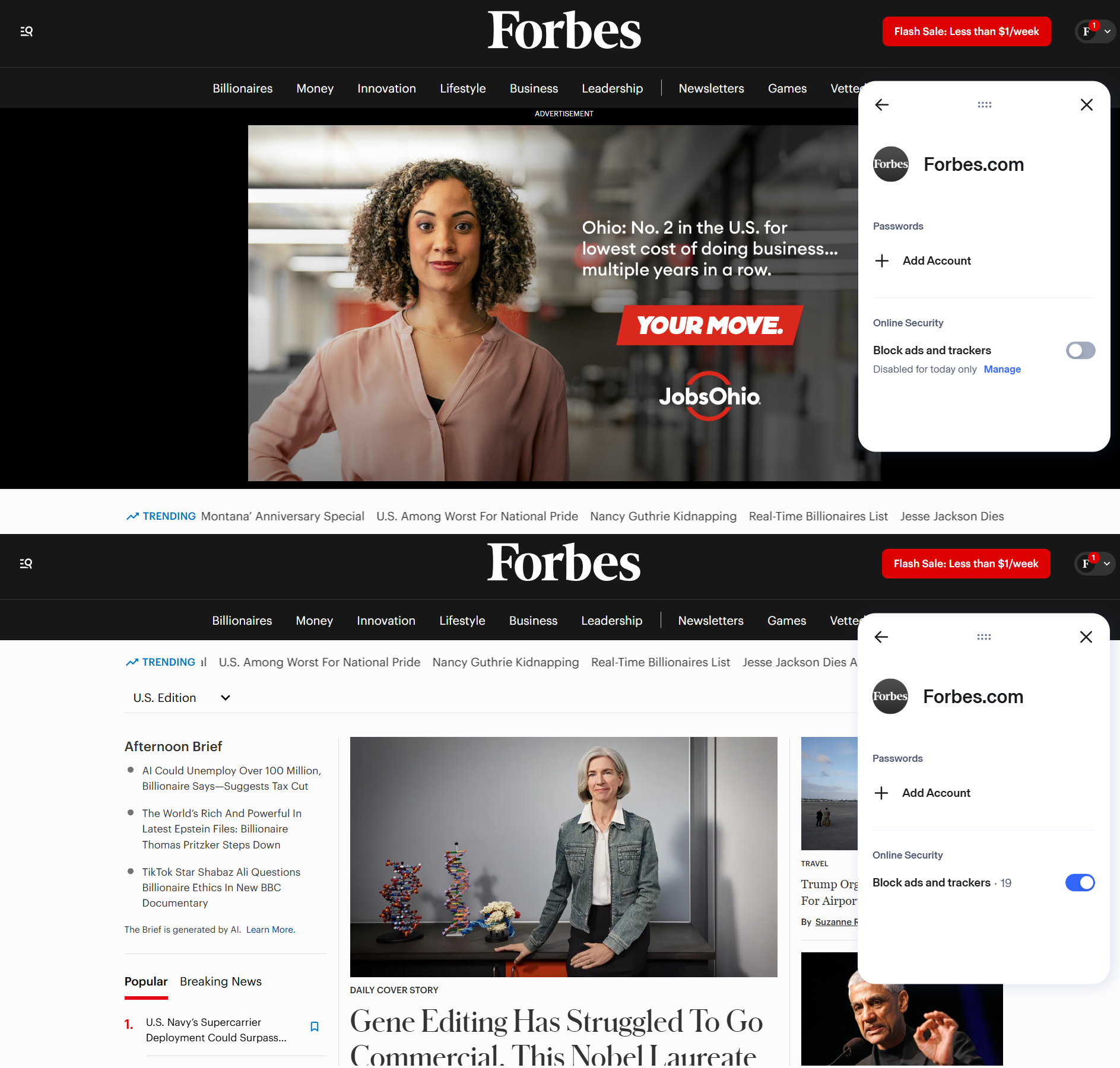 Forbes homepage before and after enabling Aura Ad Blocker