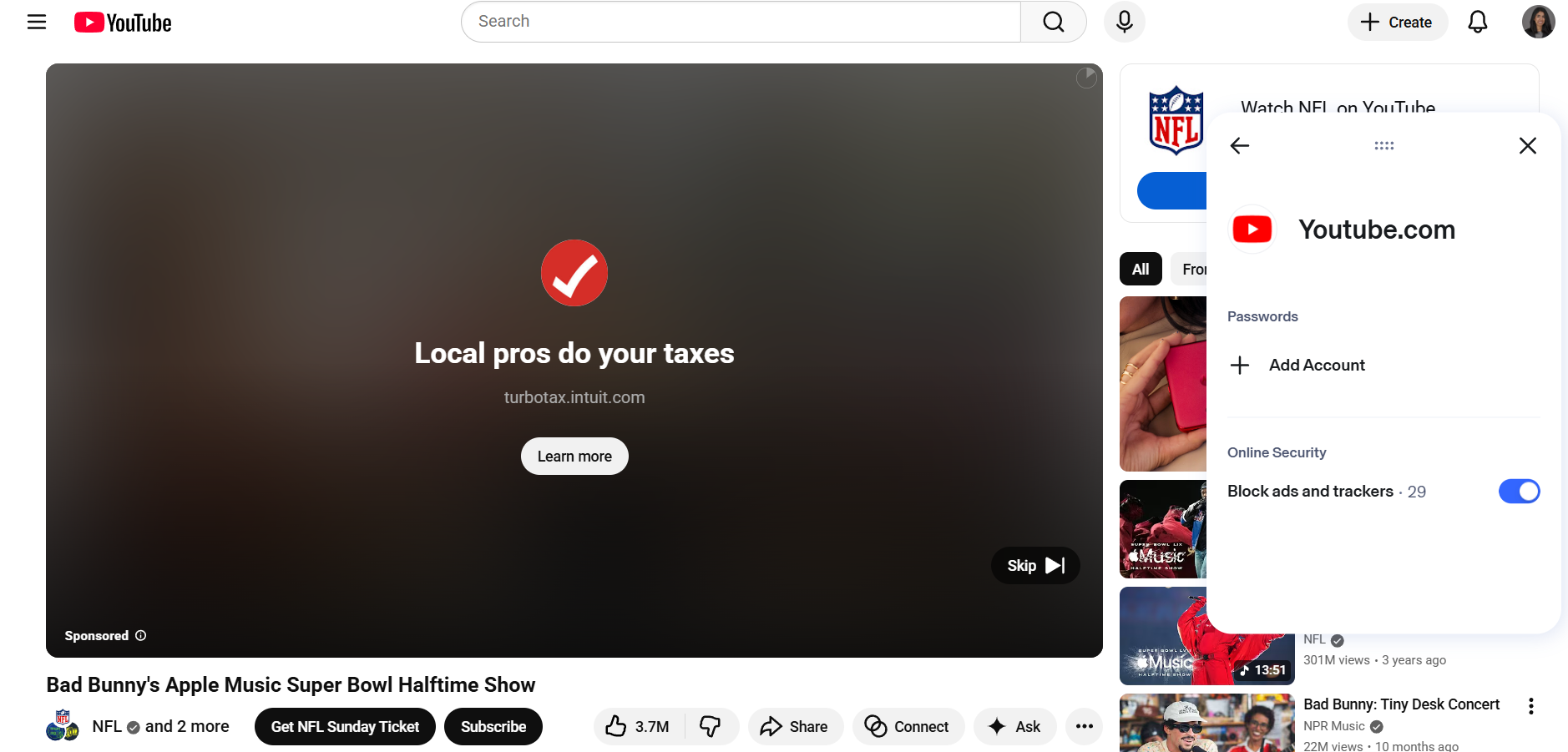 A YouTube video ad skip screen with Aura Ad Blocker in the foreground