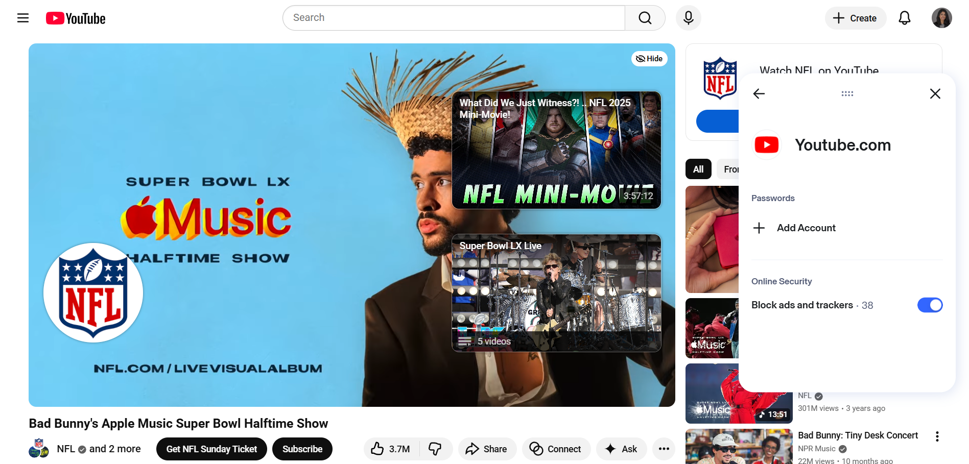End of YouTube video with Aura Ad Blocker in the foreground