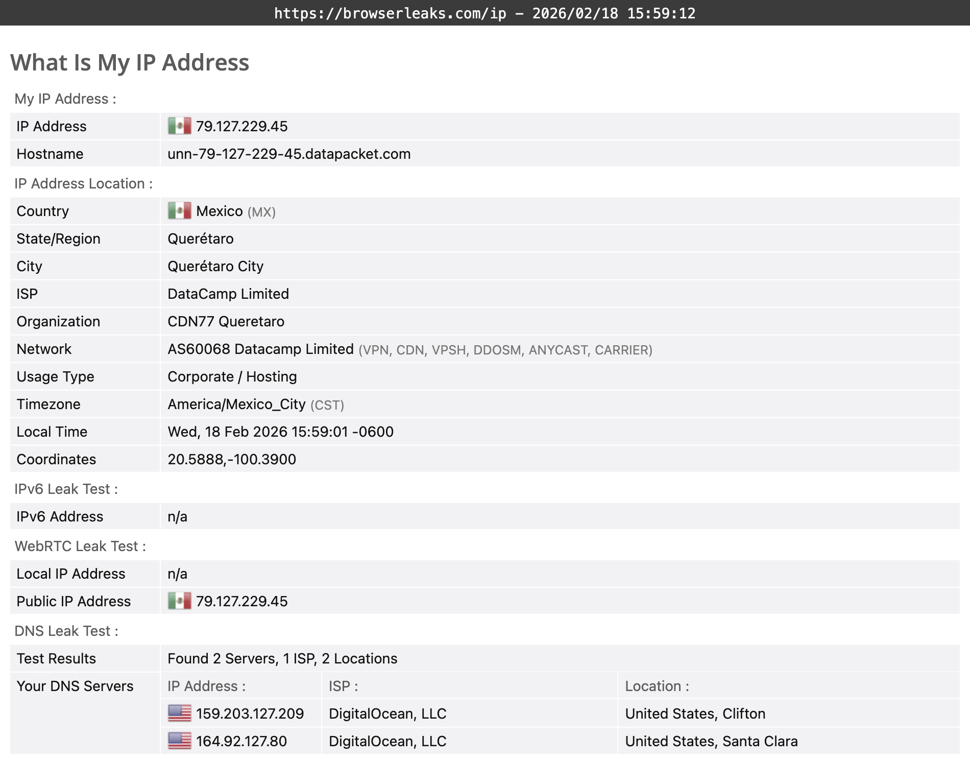 ClearVPN's DNS leak test results (passed).