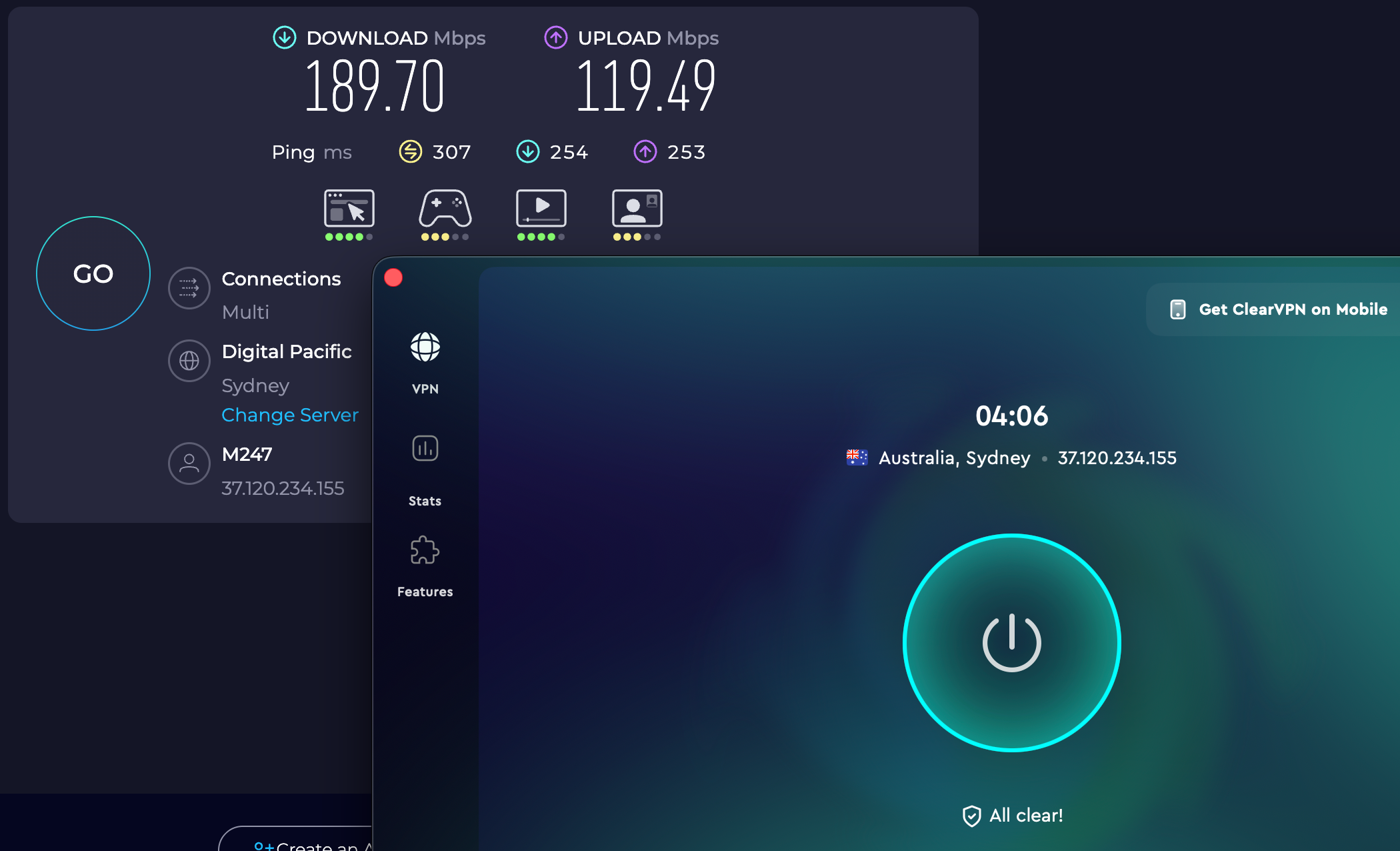 Speed test results for ClearVPN while connected to a server in Sydney (189.70 download, 119.49 upload, 126 latency)