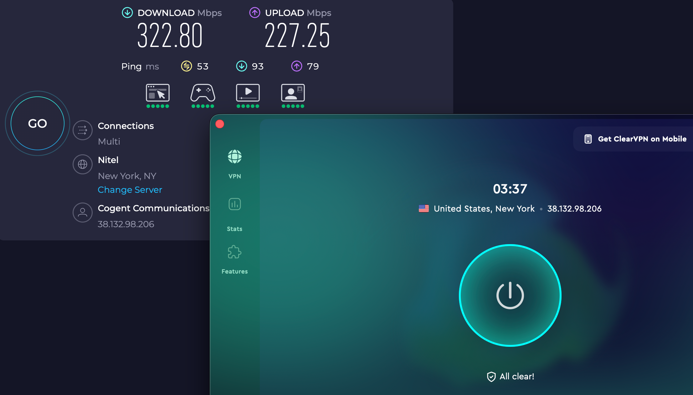 Speed test results for ClearVPN while connected to a server in New York (322.80 download, 227.25 upload, 53 latency)