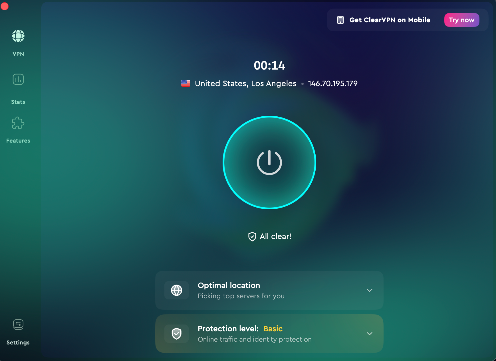 ClearVPN main dashboard while connected to server in Los Angeles