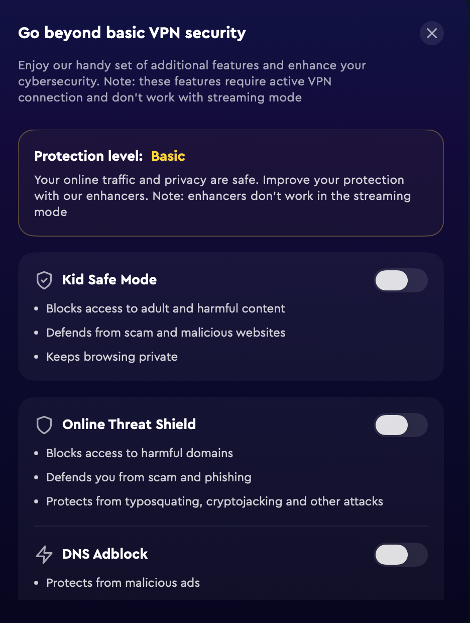 ClearVPN protection levels tab with toggles for Kids Safe Mode, Online Threat Shield, and DNS Adblock.