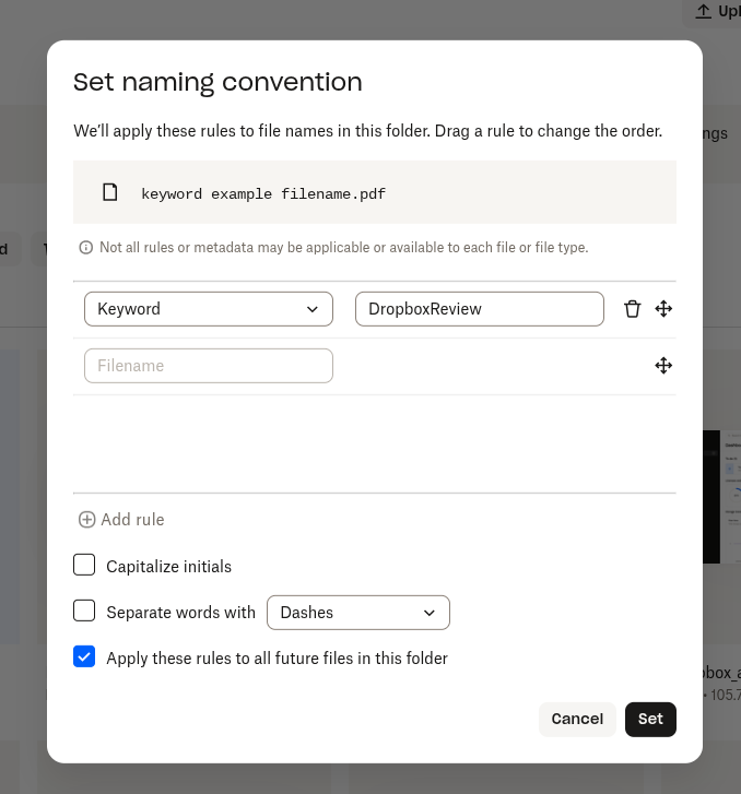 Dropbox bulk file naming feature