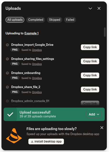 Dropbox uploads success