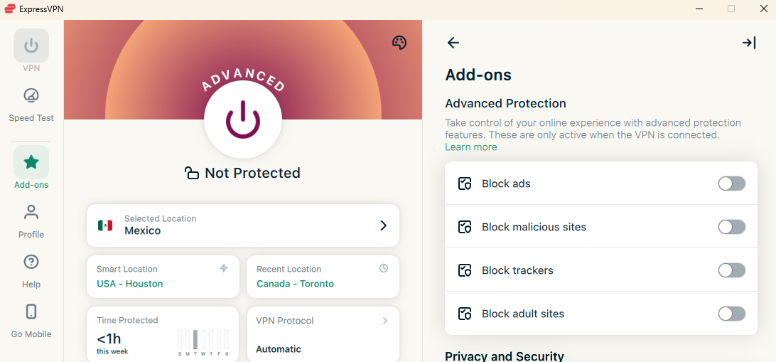 ExpressVPN Advanced dashboard with Advanced Protection toggles showing