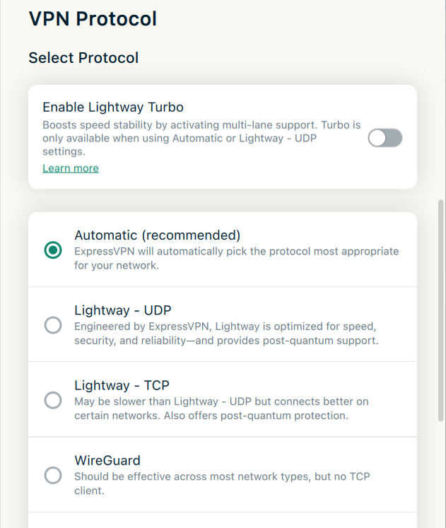 ExpressVPN list of VPN protocol