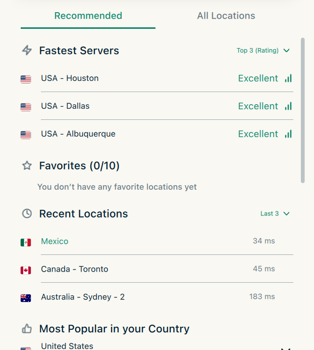 ExpressVPN server list showing fastest servers, favorites, recent locations, and most popular in your country