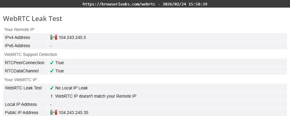 ExpressVPN's WebRTC leak test (partial pass)