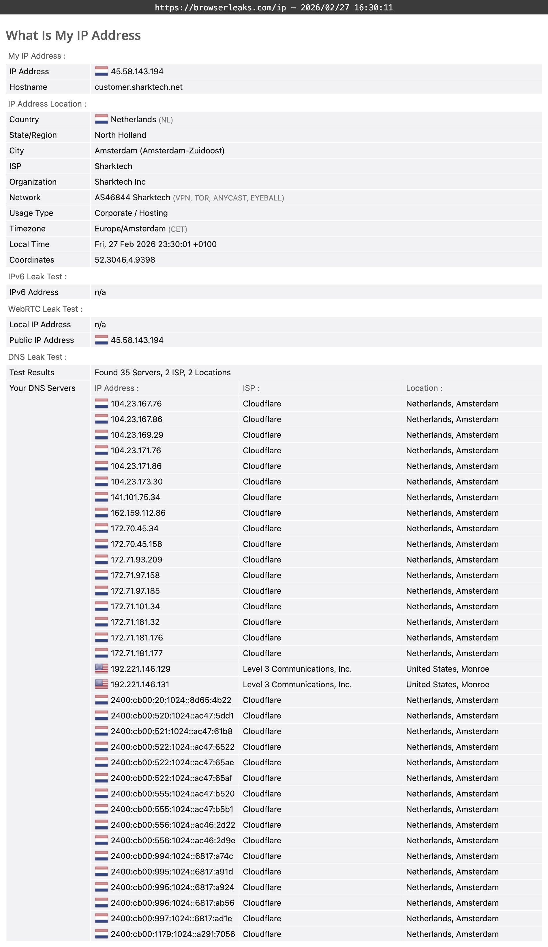 Astrill VPN DNS leak test results (passed)