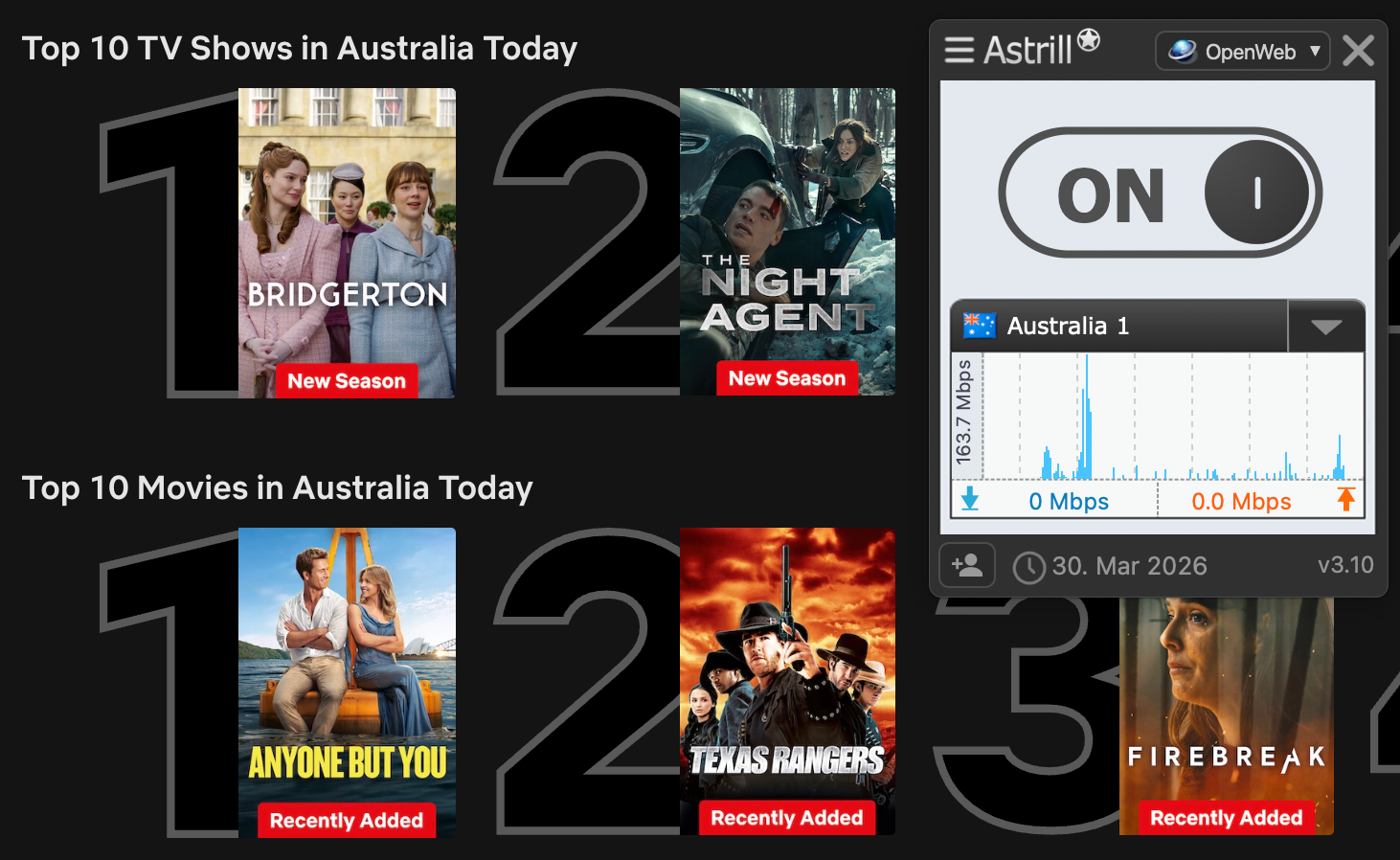 Netflix list of top shows and movies in Australia today with Astrill VPN in the foreground