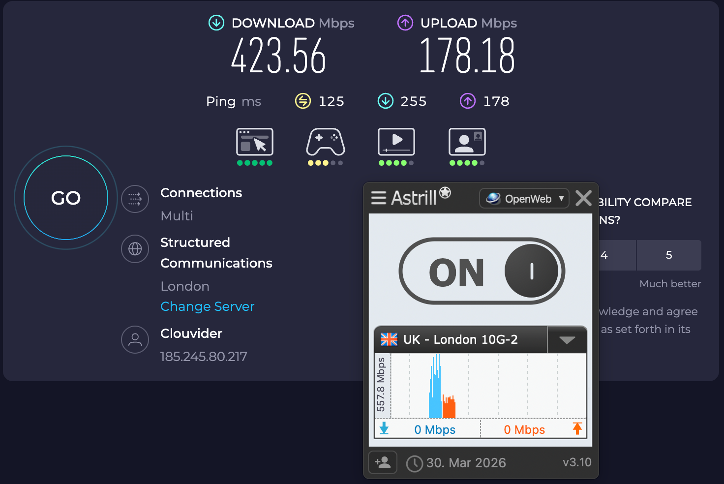 Speed test results for Astrill VPN while connected to a server in London (423.56 download, 178.18upload, 175 latency)