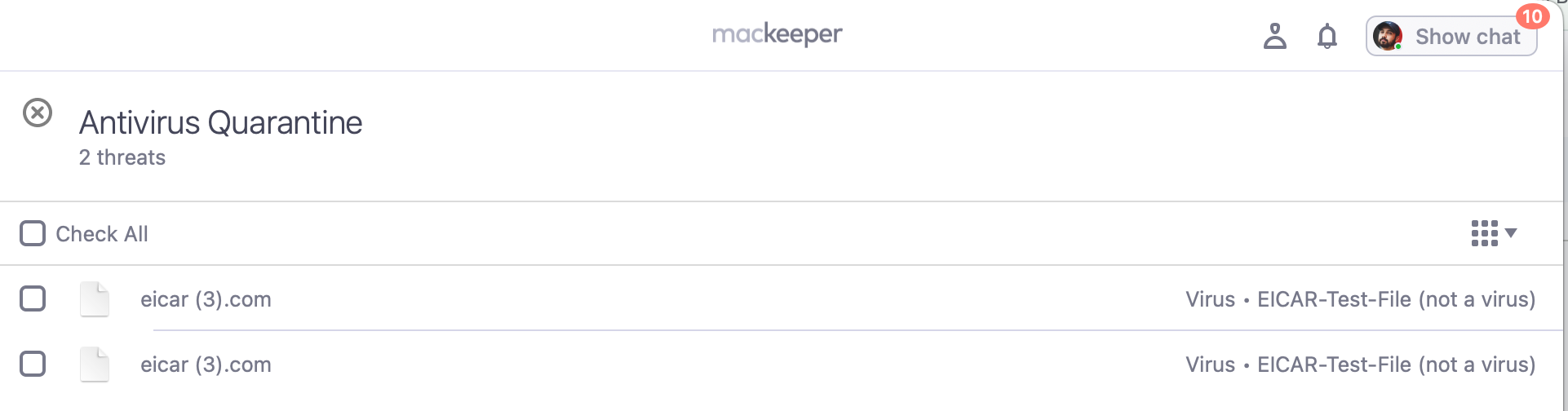 MacKeeper quarantine showing list of EICAR files