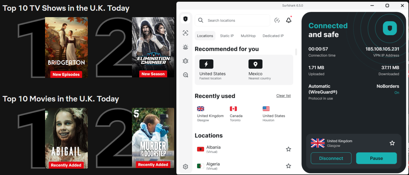 Netflix list of top shows and movies in the U.K. today with Surfshark in the foreground
