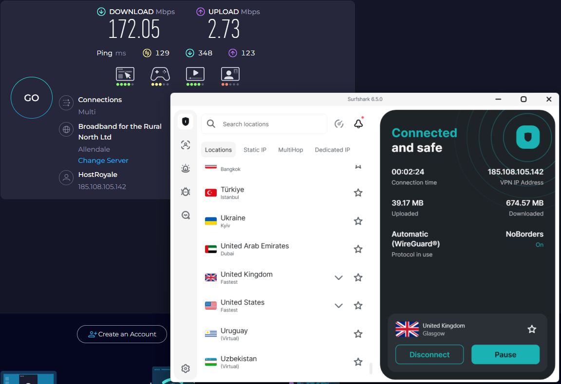 Speed test results for Surfshark wh ile connected to a server in London (172.05 download, 2.73 upload, 129 ping)