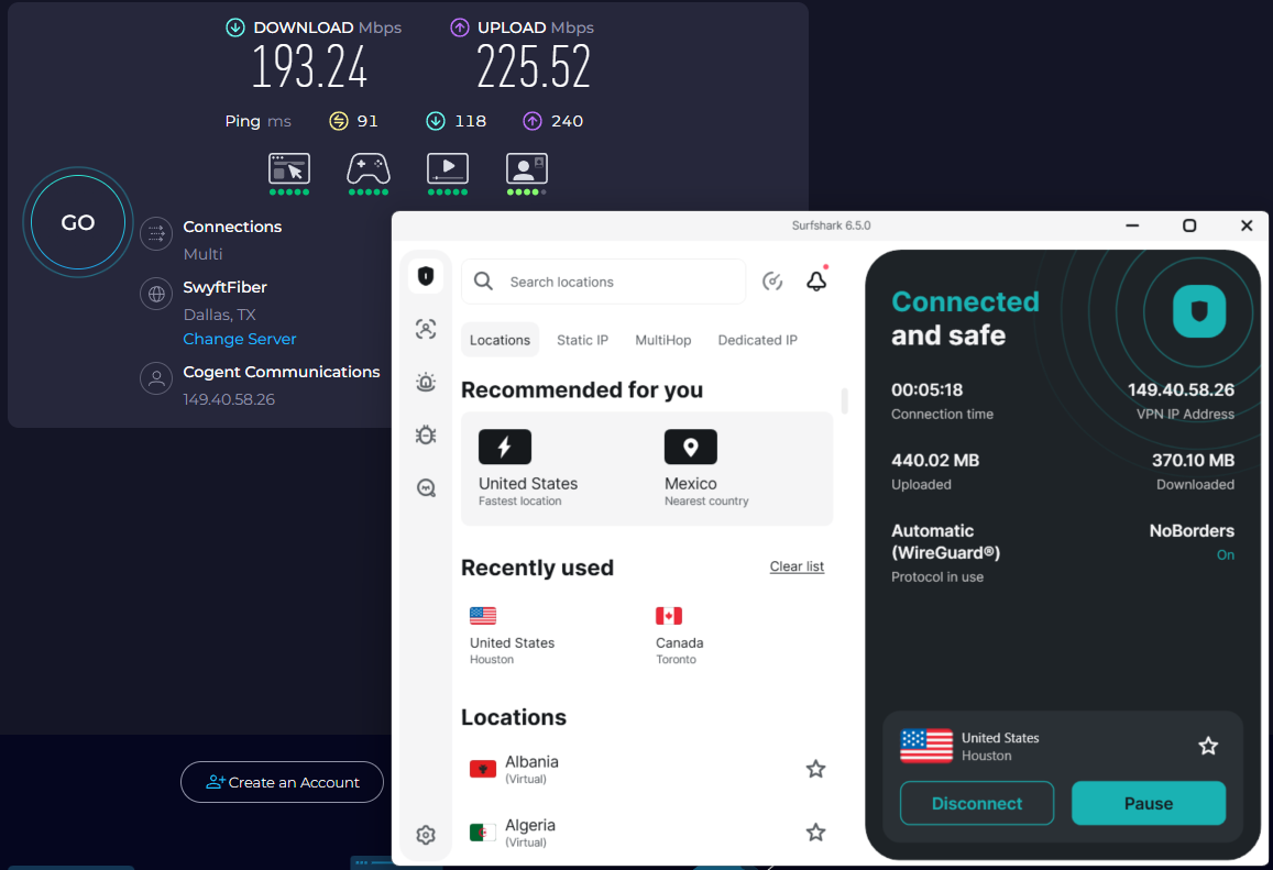 Speed test results for Surfshark wh ile connected to a server in Dallas (193.24 download, 225.52 upload, 91 ping)