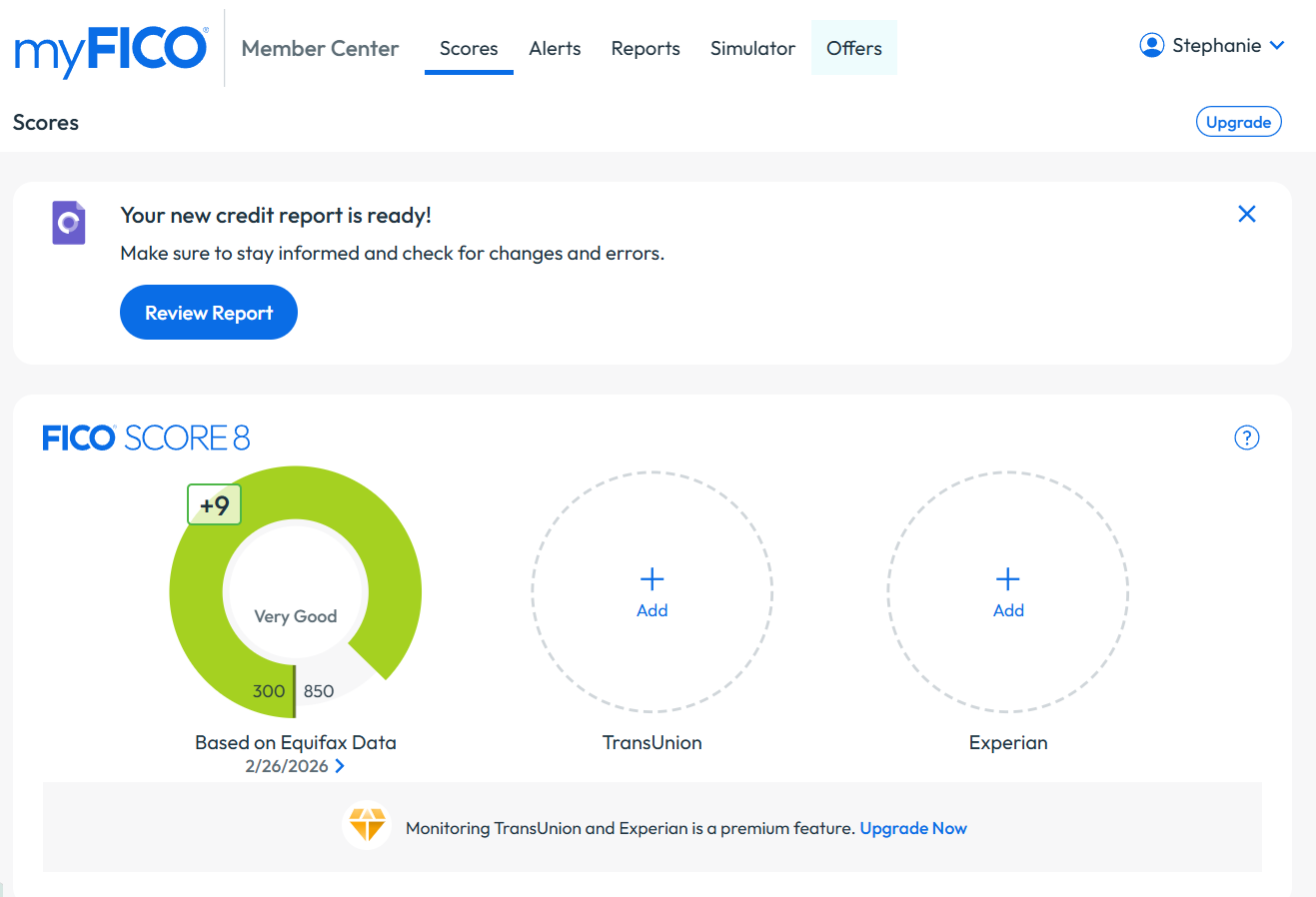 myFICO main dashboard displaying FICO score