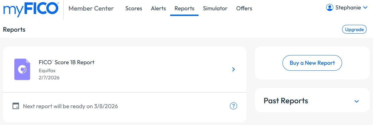 myFICO credit reports tab