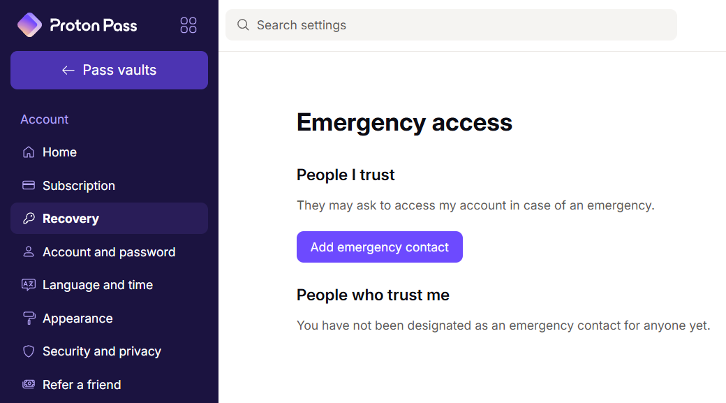 Proton Pass emergency access feature under Recovery settings