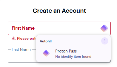 Best Buy account creation page with pop-up from Proton Pass stating no identity item found