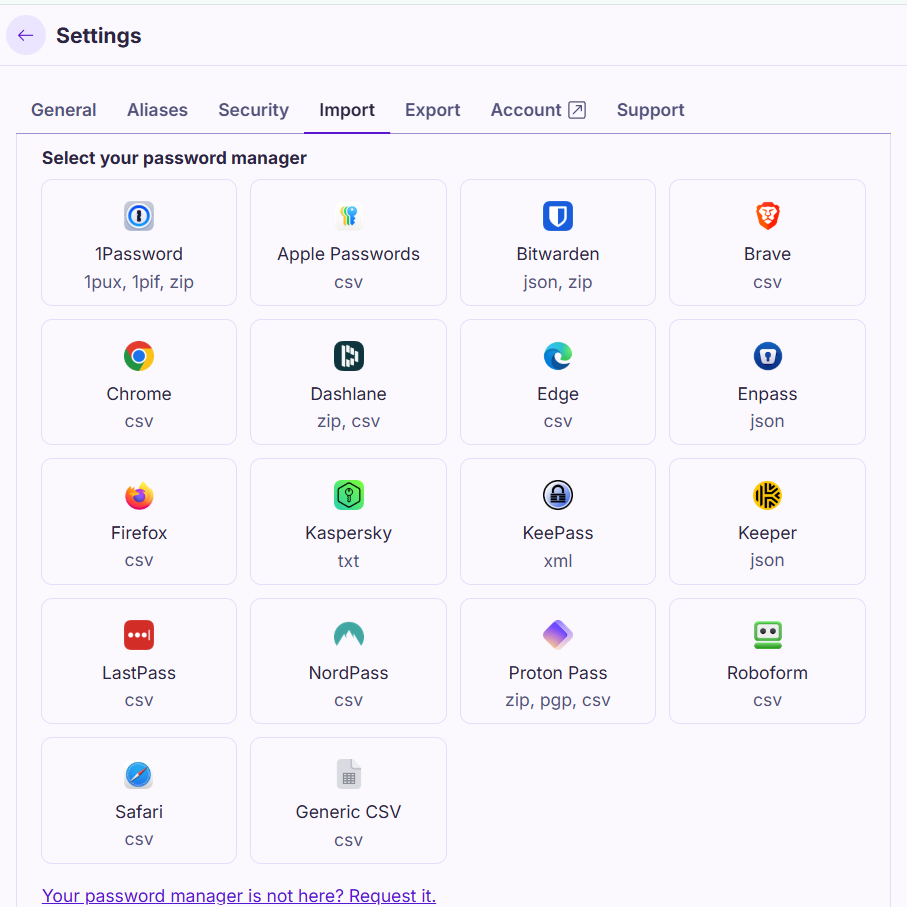 Proton Pass import options