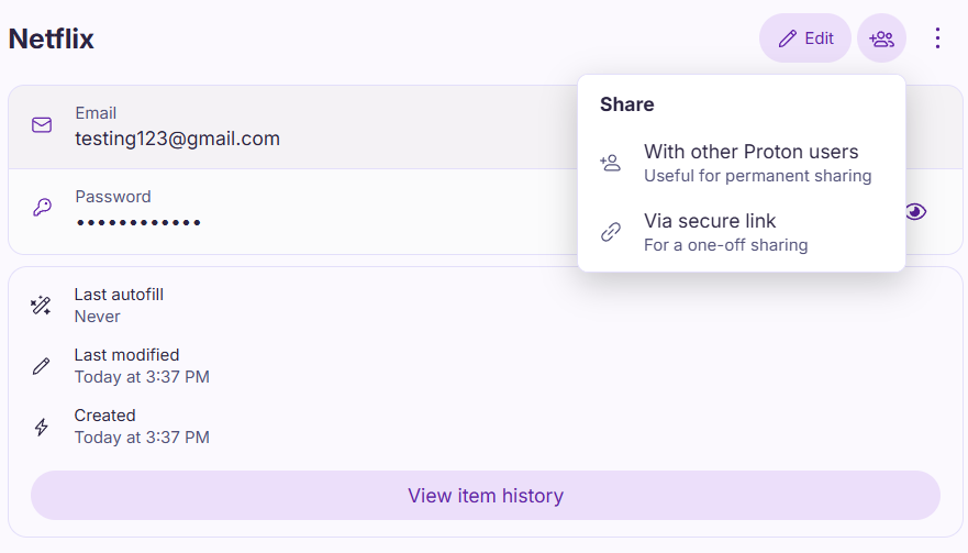 Proton Pass entry with share options window open