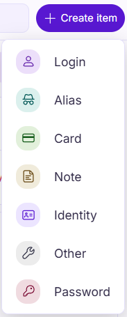 List of items you can add to your Proton Pass vault