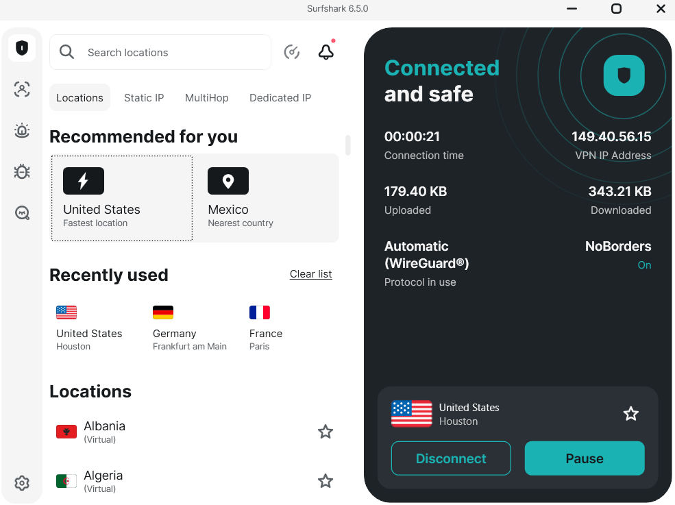 Surfshark main dashboard, connected to Fastest location server