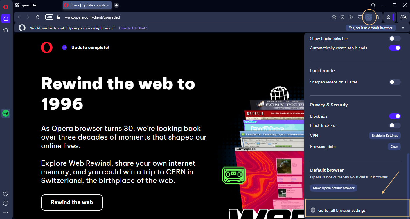 Scroll down to Full Browser Settings in Opera