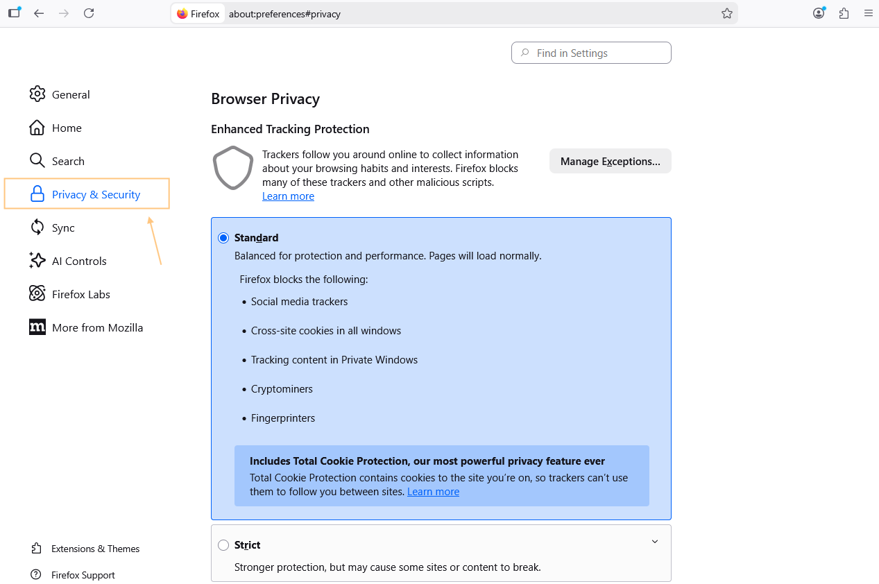 Navigate to Privacy & Security to manage cookie preferences in Firefox