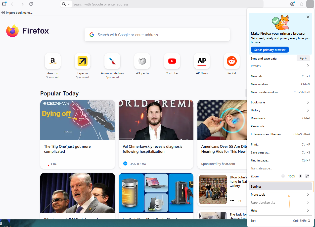 Select Settings to manage cookies on Firefox