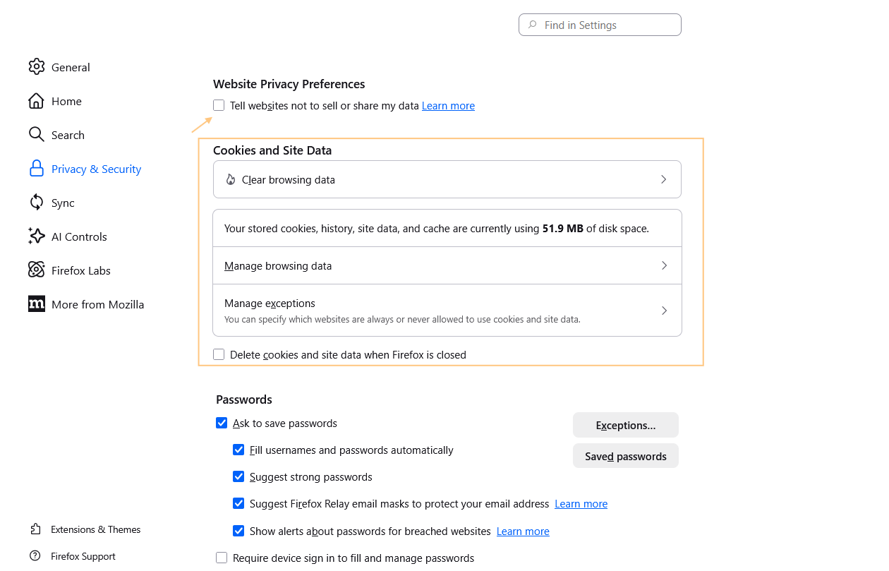 Set cookie preferences on Firefox