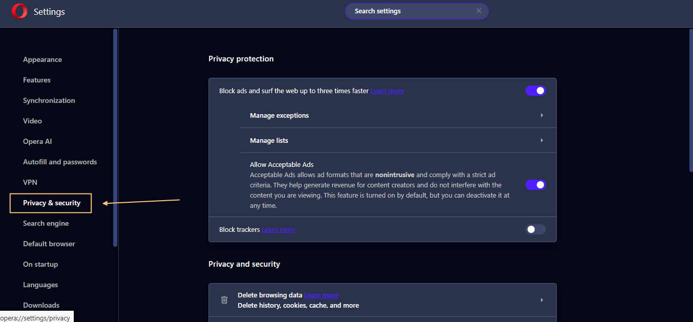Navigate to Privacy & security tab in Opera browser