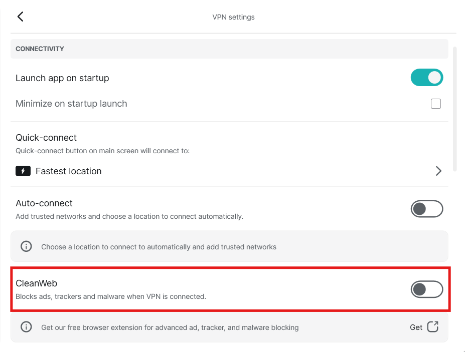Surfshark VPN settings with a red outline highlighting the CleanWeb toggle