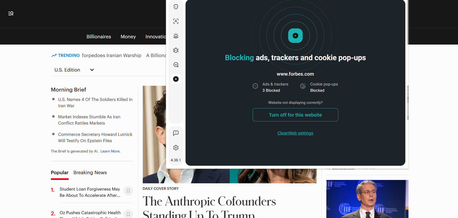Forbes homepage with Surfshark extension open in the foreground