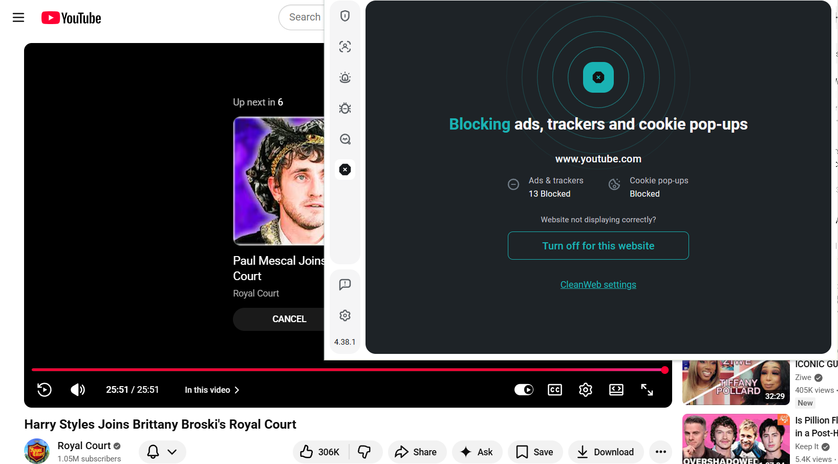 End of a YouTube video with Surfshark extension open in the foreground
