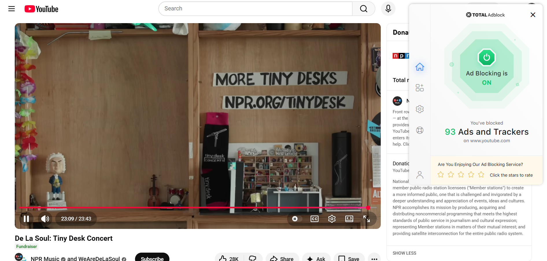End of a YouTube video with Total Adblock extension open in the foreground