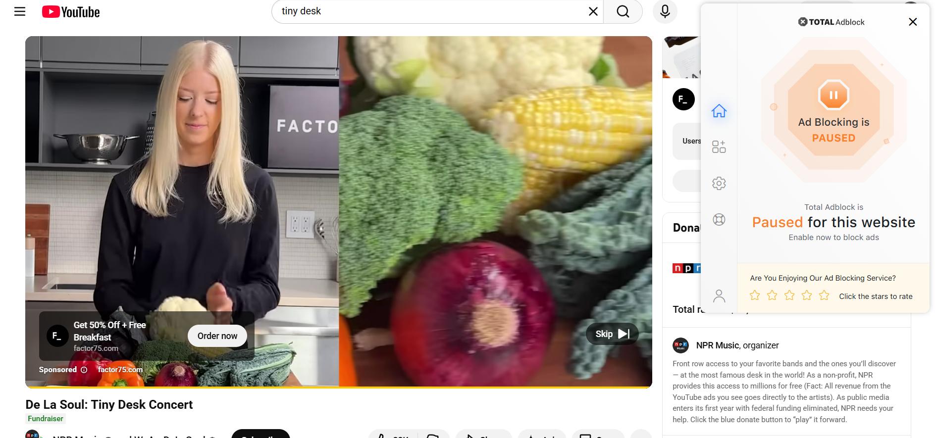 A YouTube video playing a pre-roll ad with paused Total Adblock extension in the foreground