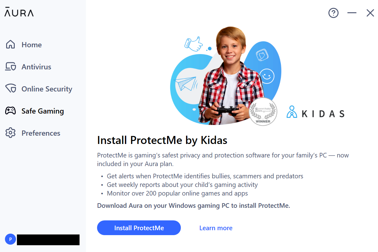 Aura desktop app open on Safe Gaming tab