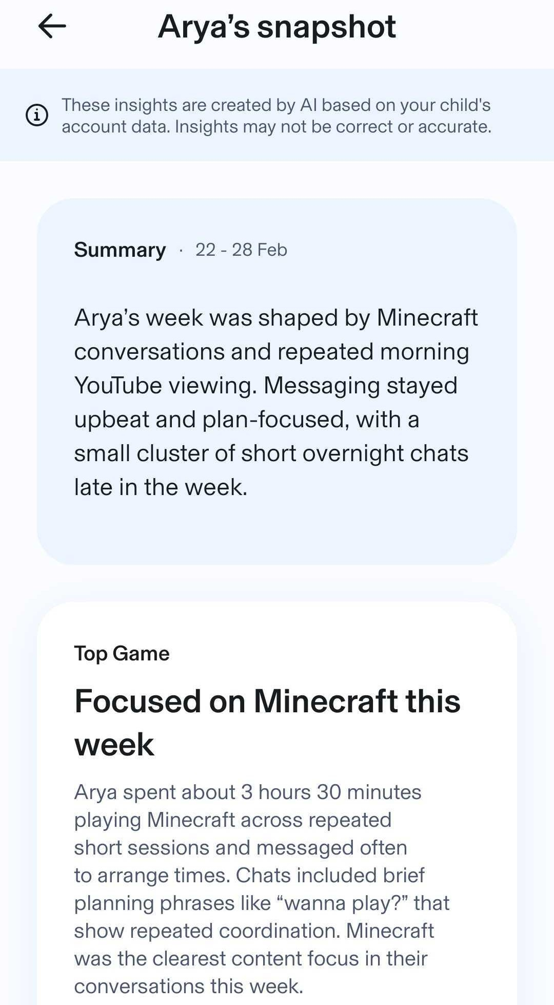 Aura Parental Controls weekly snapshot on mobile app