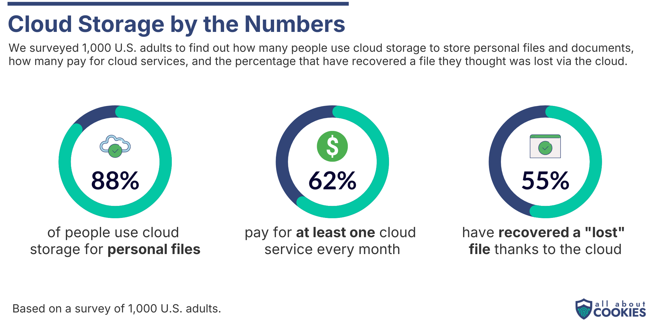 Circle charts showing most people use cloud storage for personal files.
