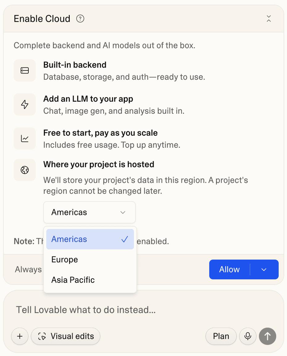 Enabling cloud set up for Lovable review