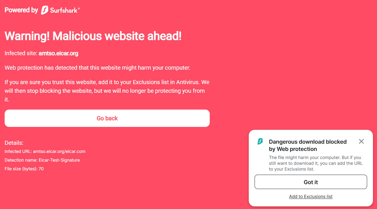 Surfshark web protection warning page flagging malicious website ahead, along with a dangerous download pop-up
