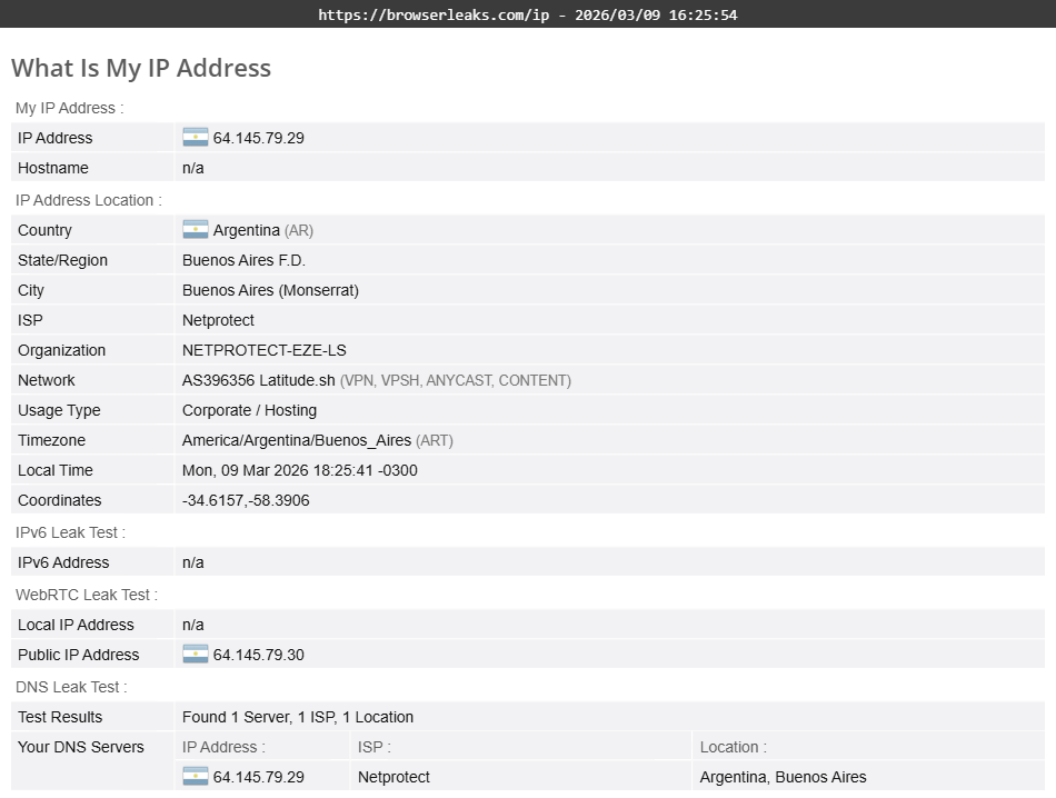 IPVanish's DNS leak test results (pass) 