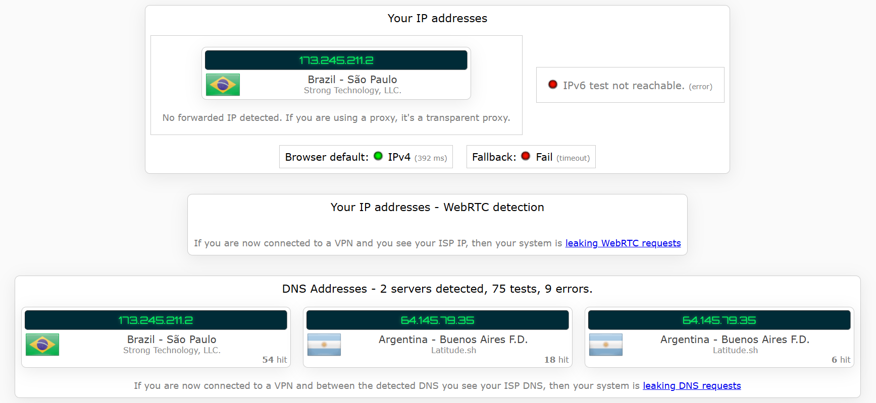 IPVanish's kill switch test results (pass) 