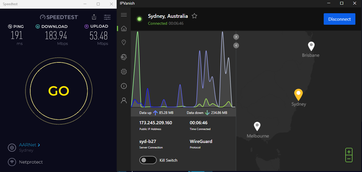 Speed test results for IPVanish while connected to a server in Sydney (183.94 download, 53.48 upload, 191 ping)