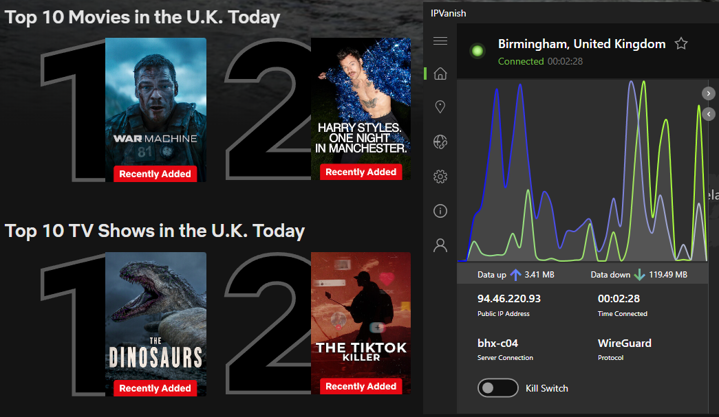 Netflix list of top shows and movies in the U.K. today with IPVanish in the foreground